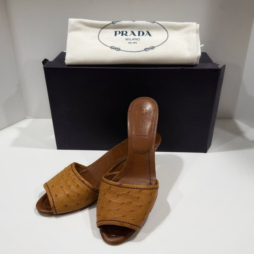 Prada Struzzo Ostrich Leather Wedge Mules Sandals IT 37 Box Dust Bags